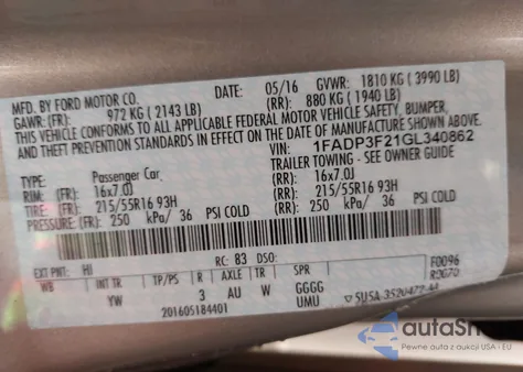 2016 Ford Focus Se z USA, uszkodzony, nr VIN 1FADP3F21GL340862